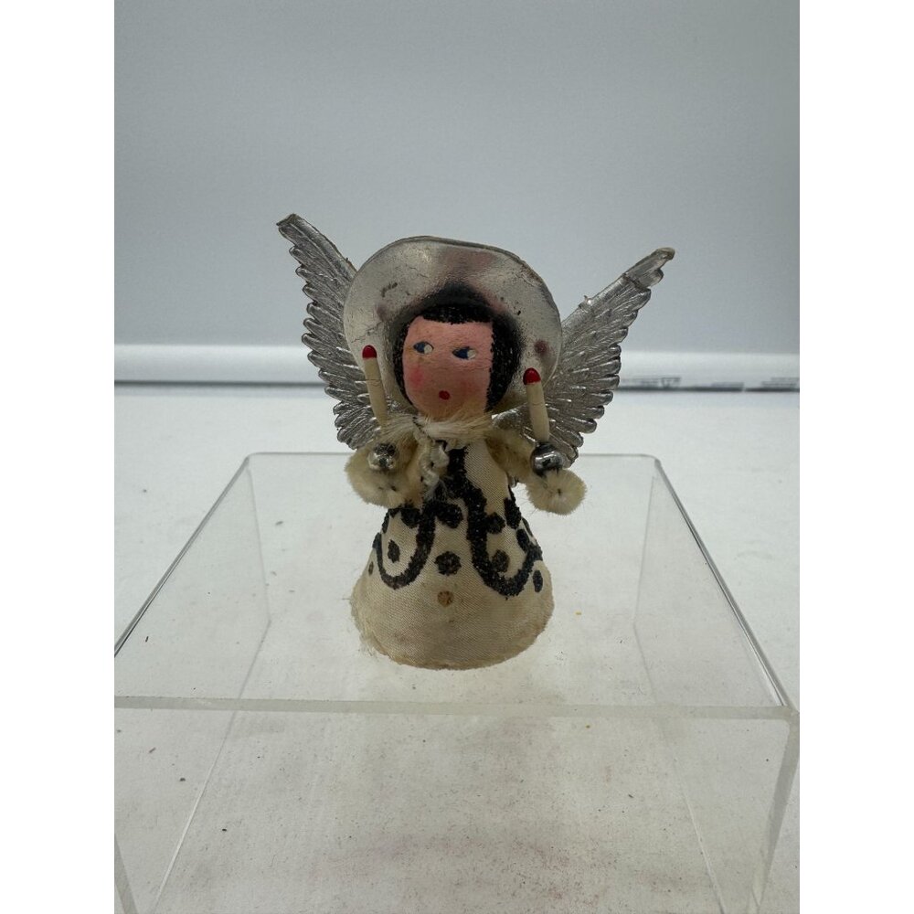 Vintage Spun Cotton Miniature Angel Christmas Decor Silver Foil Wings